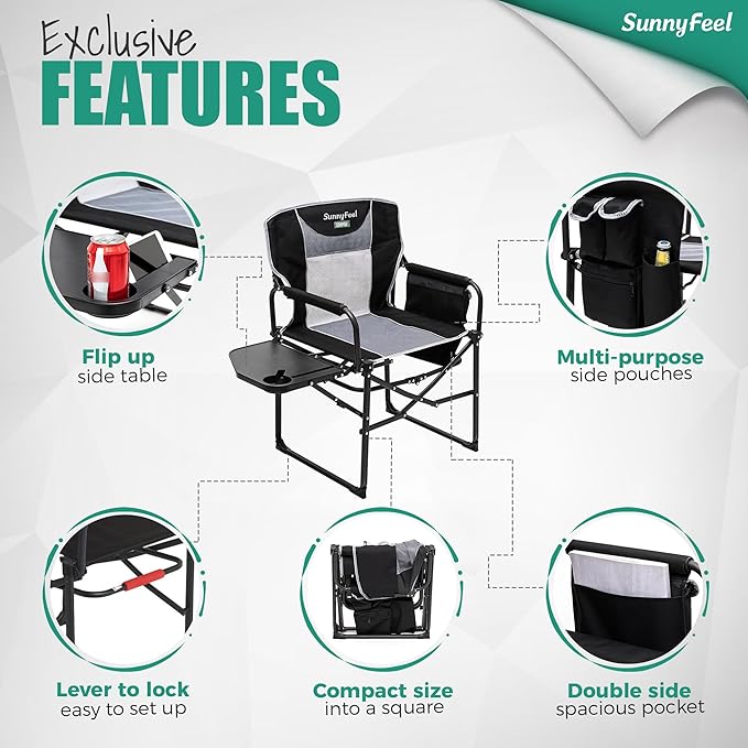 Folding Camp Chair, Oversized Heavy Duty, 500 lbs Capacity, Black
