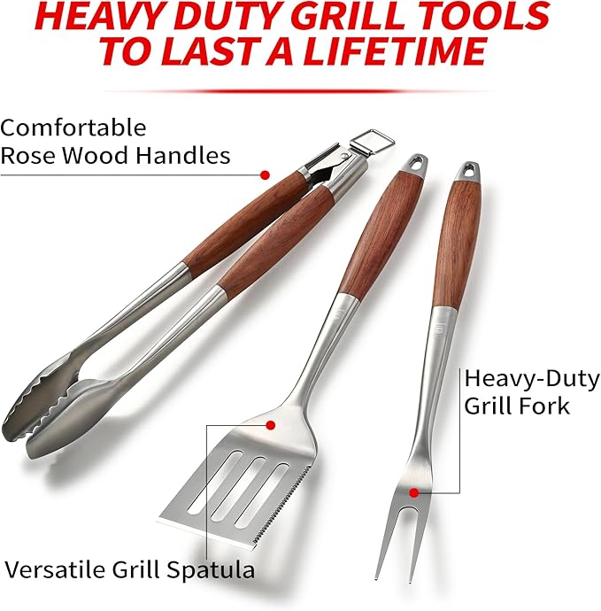 Heavy-Duty Rose Wooden BBQ Grilling Tools Set. Extra Thick Stainless Steel - Image 2