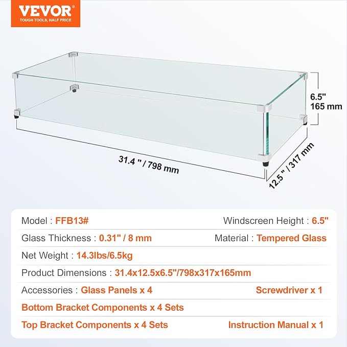 Glass Wind Guard for Rectangular Fire Pit Table 31 x 12.5 x 6.5 Inch, 0.31 inch - Image 7