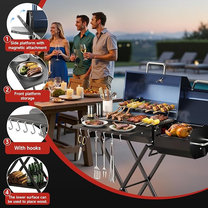 Portable Charcoal Grill with Smoking Function, Foldable Suitcase Design with - Image 6