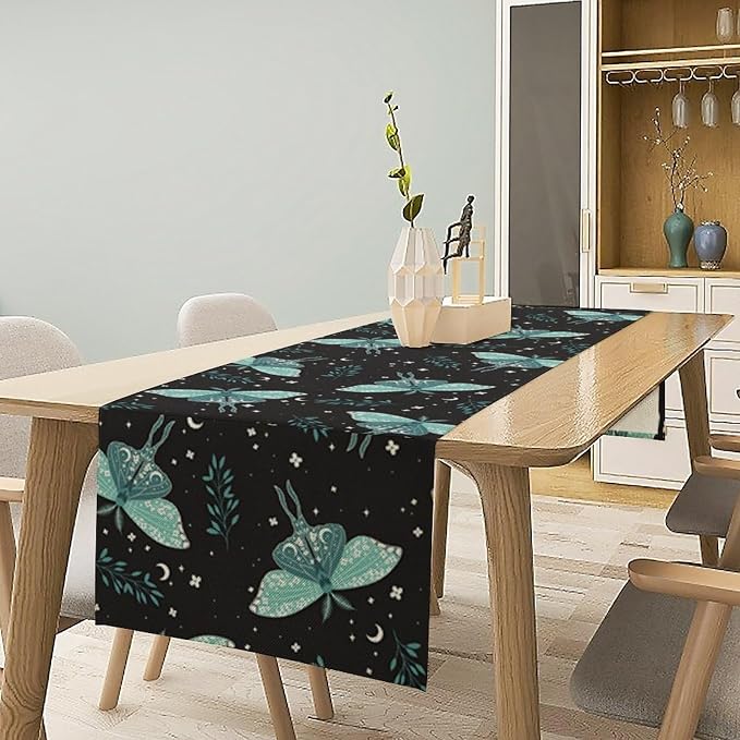 Butterfly Moth Table Runner, Boho Moon Green Leaves Plant Print Table Runner - Image 3