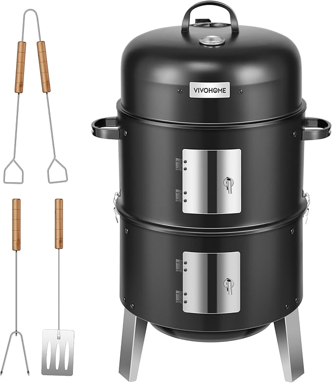 Vertical Charcoal Smoker, 3 Chambers, Black Alloy Steel