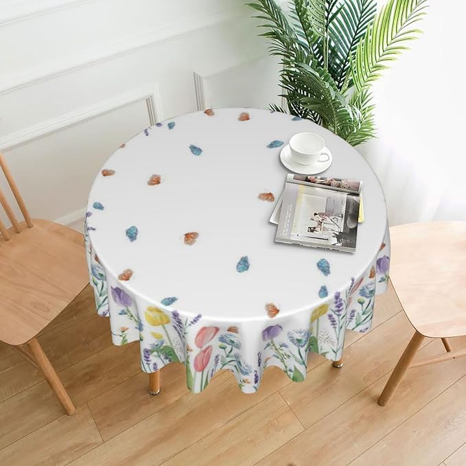 Spring Floral Round Tablecloth 70 Inch, Tulip Lavender Flower Decorative - Image 2