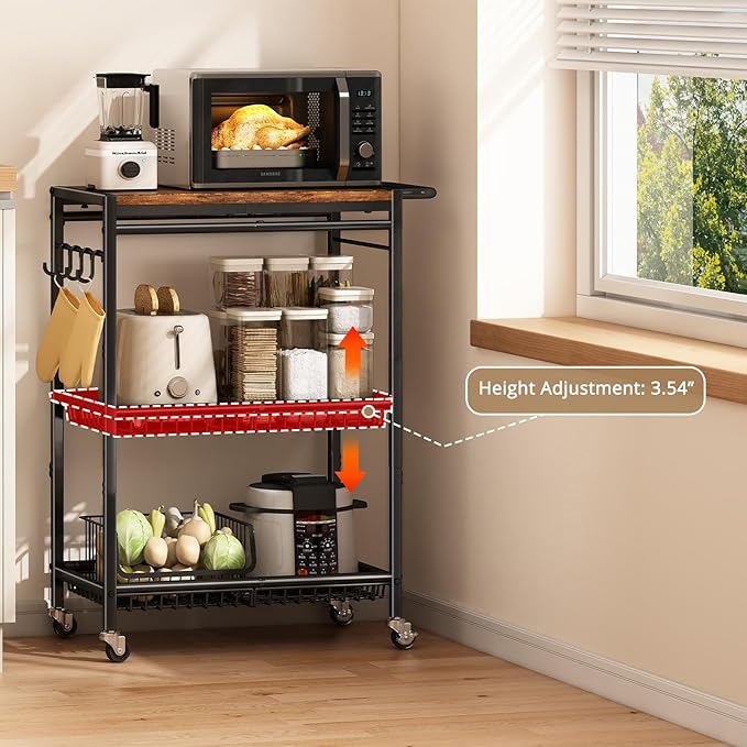 Microwave Kitchen Cart with Push Handle, 3 Tier Rolling Cart with 2 Lockable - Image 3