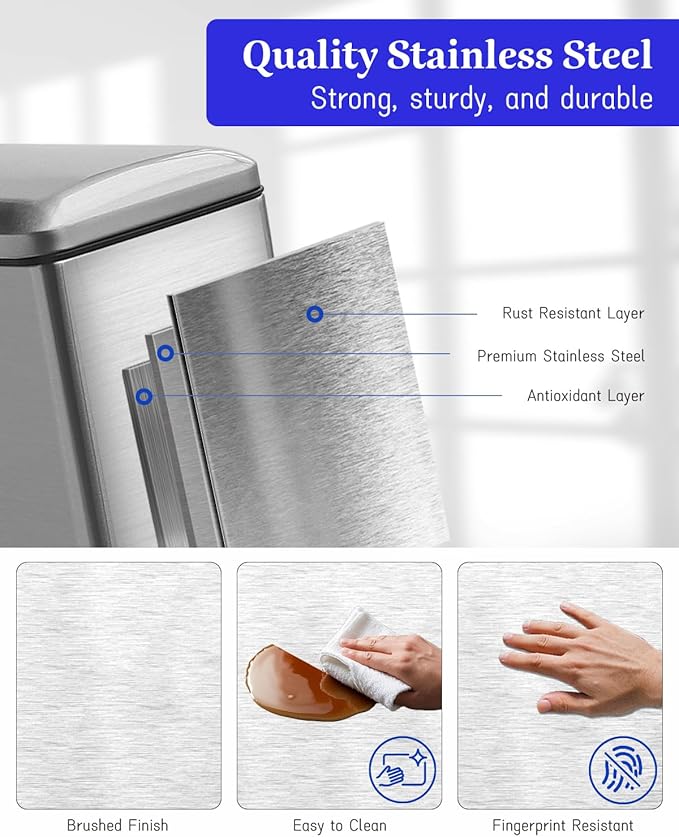 Rubbish Bin with Lid, 10 L, Stainless Steel Waste Bin, Pedal Bin, Stainless - Image 3