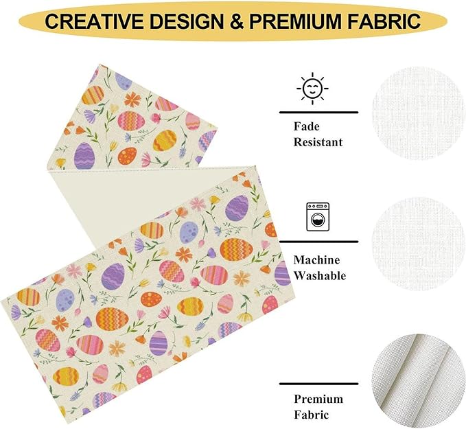 Easter Egg Table Runner, Colorful Egg Pattern Flowers Spring Summer Seasonal - Image 5