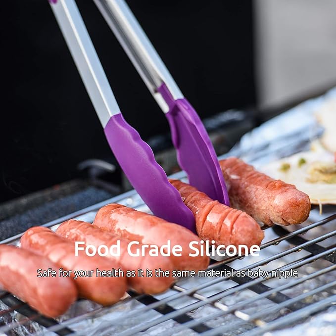 Cooking Tongs with Silicone Tips, 7, 9 and 12 Inch Stainless Steel, Purple