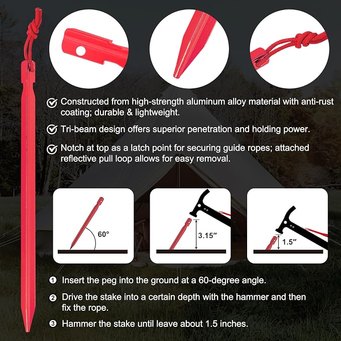 Eurmax USA Hiking Camping Tent Stakes and Hammer Set Lightweight Multi-Function - Image 4