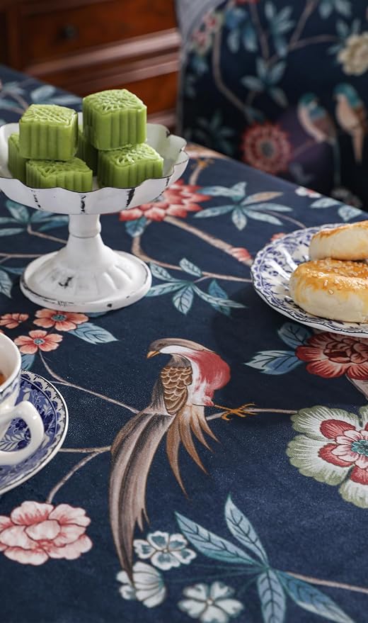 patdrea Designer Dark Blue Linen Rectangular Tablecloth, Vintage Navy French - Image 4