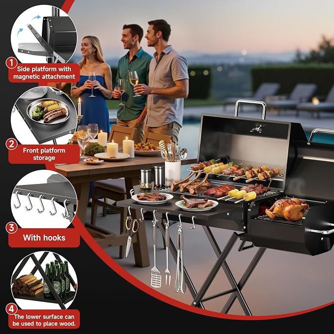 Portable Charcoal Grill with Smoking Function, Foldable Suitcase Design with - Image 6