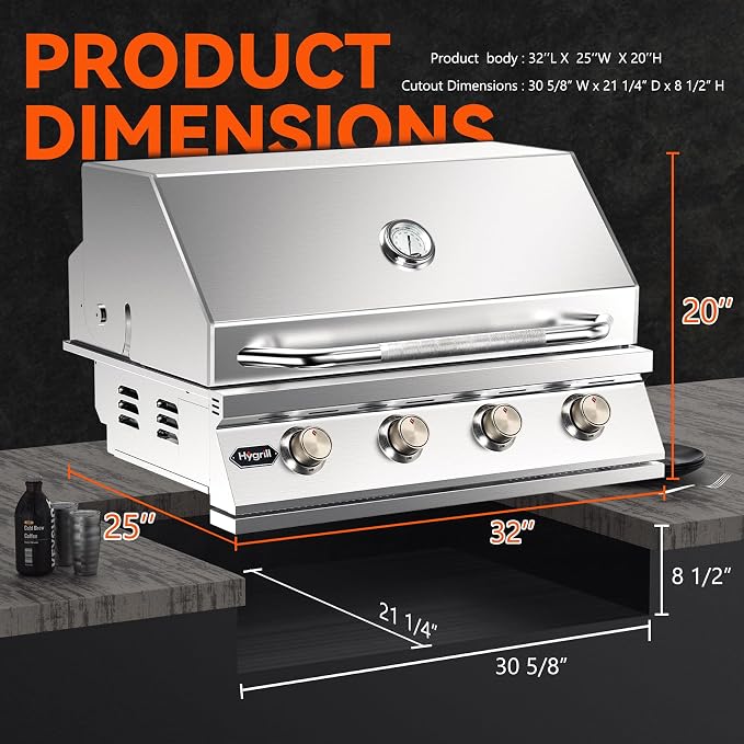 Hygrill 32-Inch Built In Grill, Stainless Steel 4-Burner Grill Head - Image 2