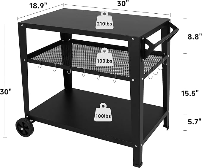 Black Outdoor Grill Cart with Wheels, Heavy-Duty 3-Tier BBQ Prep Table - Image 3