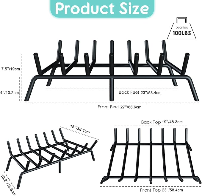 27-Inch Fireplace Grate, Heavy Duty 7-Bar Log Rack Holder Made of Solid Round - Image 2