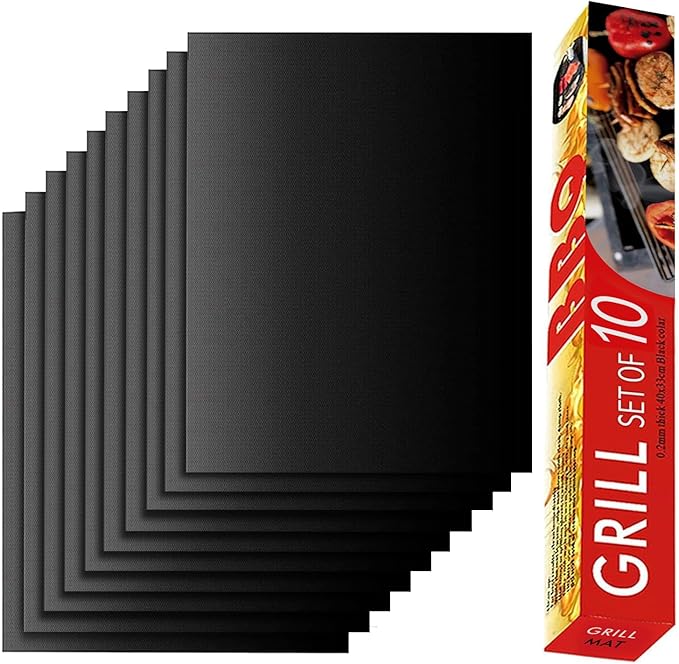 Grill Pads, Set of 10, Black Non-Stick Fiberglass, 15.75 x 13 Inch
