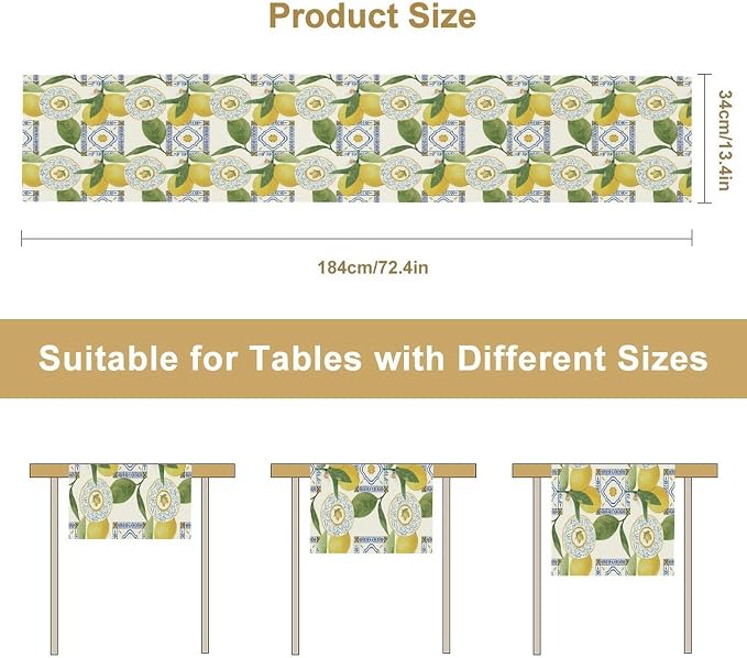 Tiles Lemon Table Runner, Watercolor Italian Tile Floral Plant Print Table - Image 7