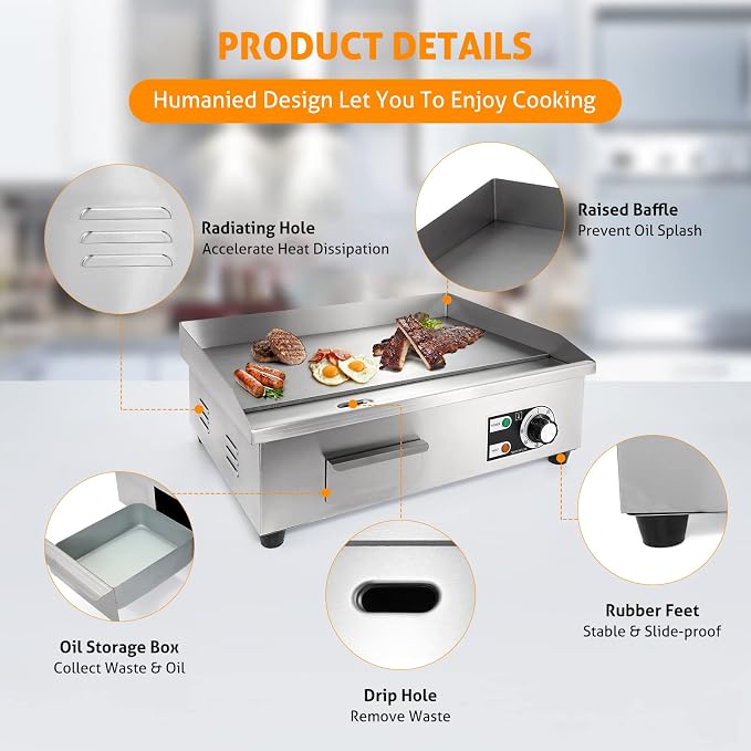 WICHEMI Commercial Electric Griddle 22" 3000W Flat Top Grill Countertop Griddle - Image 4