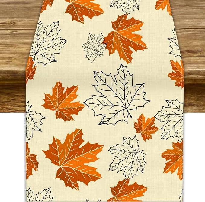 Fall Maple Leaves Table Runner, Rustic Vintage Autumn Orange Leaf Thanksgiving by JanJCurt