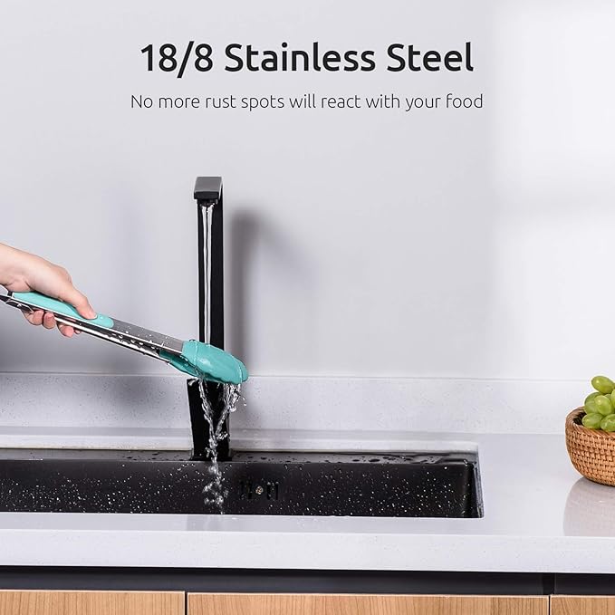 Tongs with 7, 9 and 12 Inch Lengths, Silicone Tips, Aqua Sky