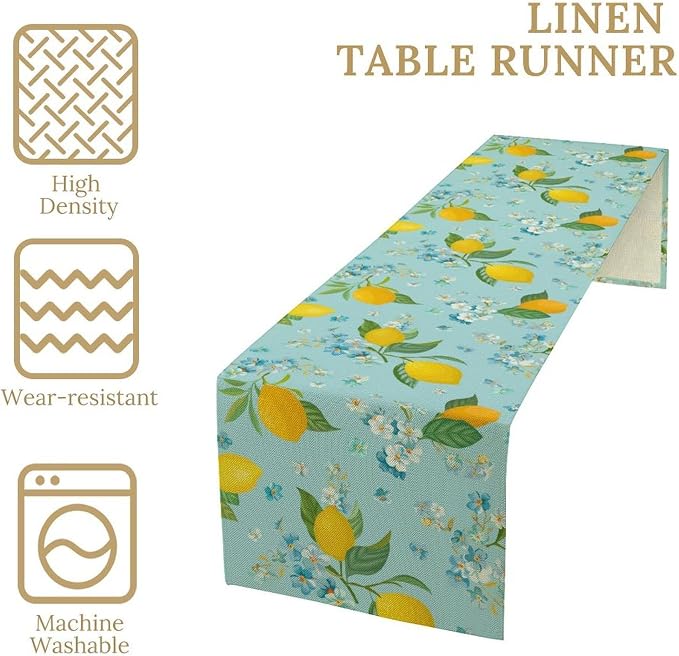 Farmhouse Lemon Fruit Table Runner, Nature Aesthetic Blue Flowers Plant - Image 7