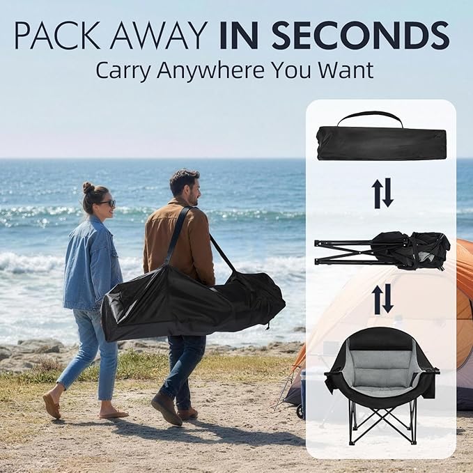 Camping Chair, Oversized Padded Steel Frame, Black 2-Pack