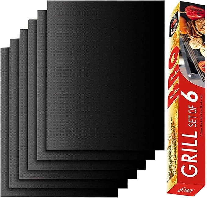Grill Mats Set of 6, Non-Stick Reusable Black Fiberglass Pads