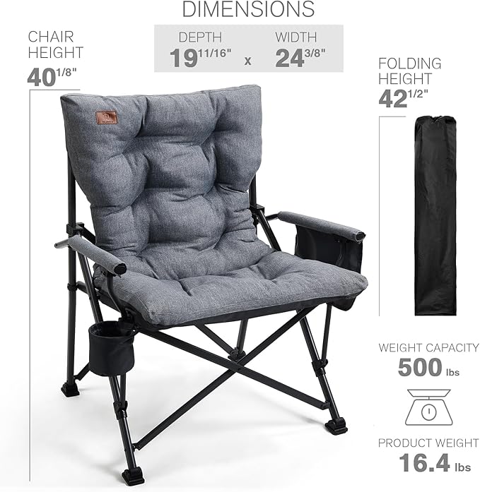 Folding Camping Chair 2-Pack, Grey, Padded High Back, Steel Frame