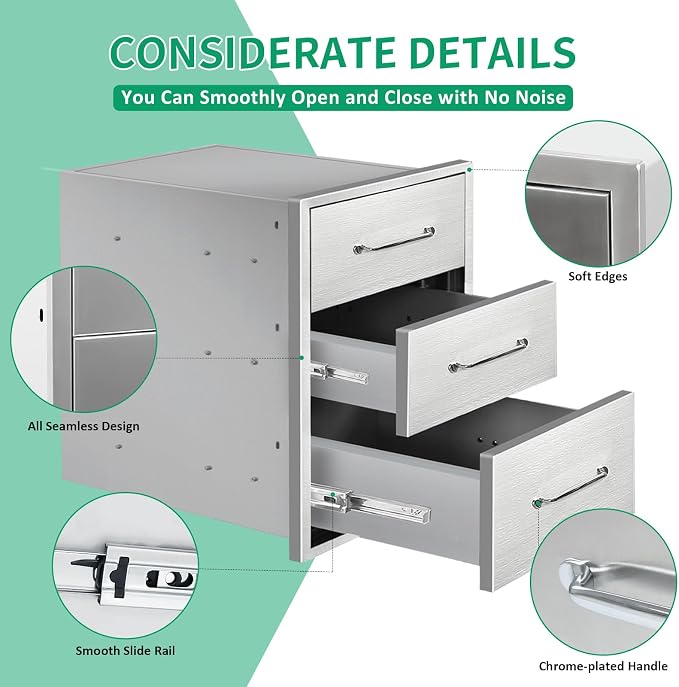 Outdoor Kitchen Drawers 16" W x 21" H x 23" D Stainless Steel Triple Drawers - Image 4