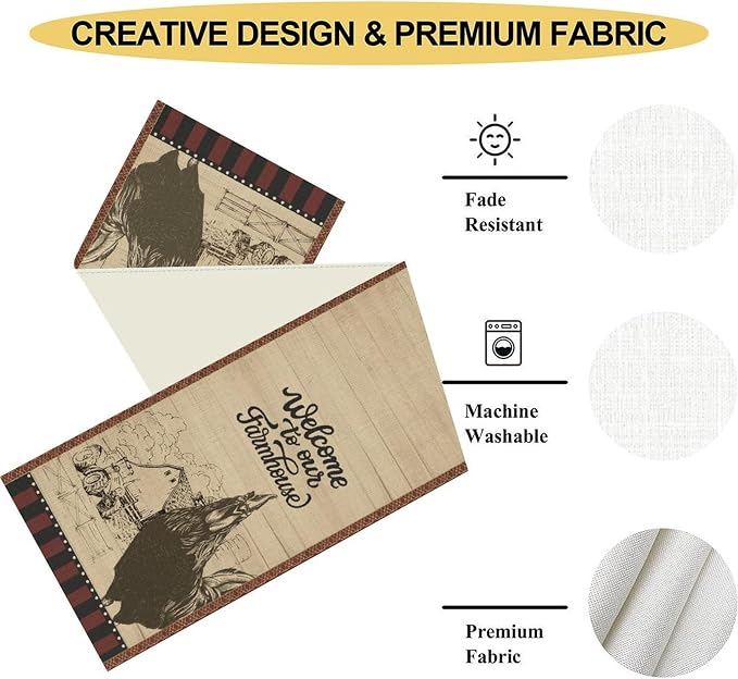 Rustic Farmhouse Table Runner, Vintage Barn Cottage Rooster Retro Farm Country - Image 5