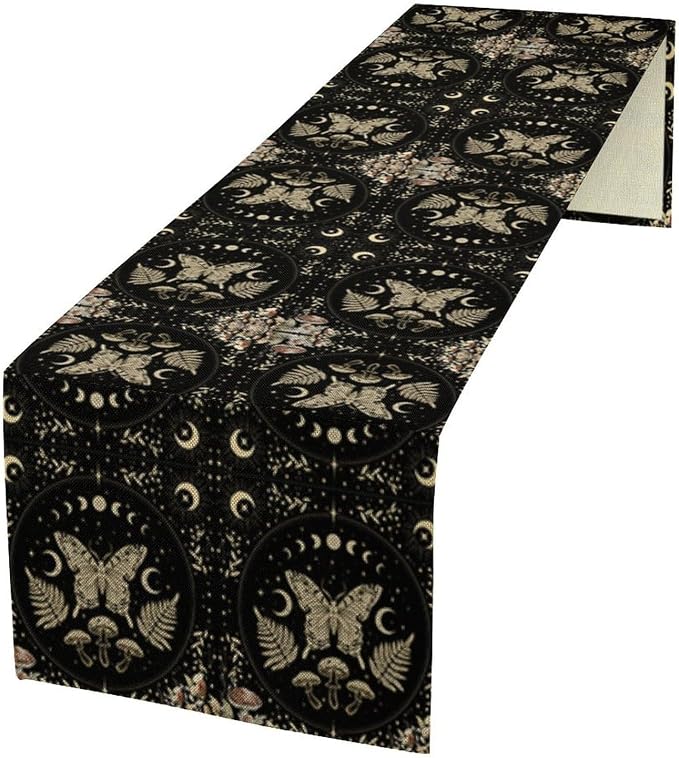 Mushroom Moth Table Runner, Vintage Boho Moon Autumn Seasonal Table Runner by Unknown
