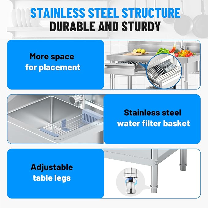 Utility Sink, Commercial Kitchen Stainless Steel Sink, 39.5'' Free Standing - Image 6