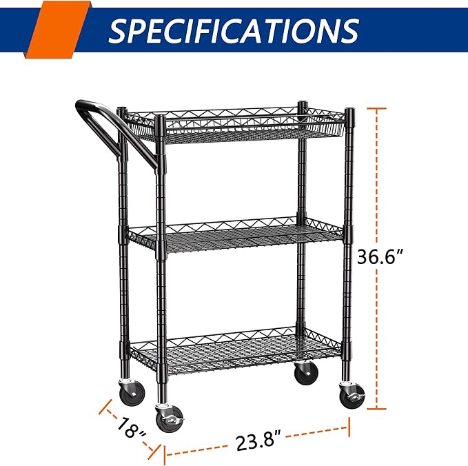 3 Tier Heavy Duty Rolling Utility Cart, Commercial Grade Metal - Image 3