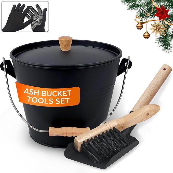 Small Ash Bucket with Lid and Shovel, Metal Fireplace Ash Bucket with Broom by WelcometoMinimalisthome