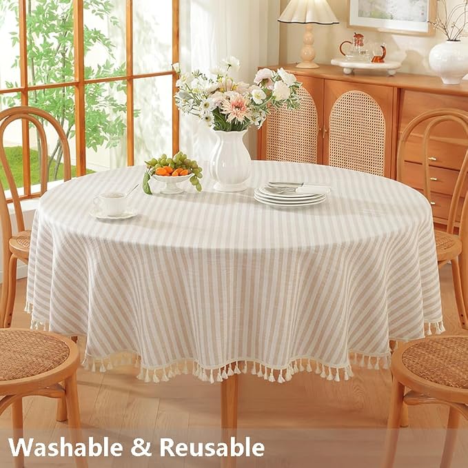 TruDelve Small Round Table Cloth 60 Inch Beige Striped Cloth Tablecloth Boho - Image 5