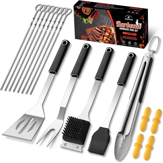 Barbecue Grill Tool Set, Stainless Steel with Tongs, Spatula, Fork and Knife