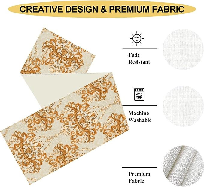 Damask Table Runner, Rustic Gold Gothic Boho Floral Flower Baroque Style - Image 5
