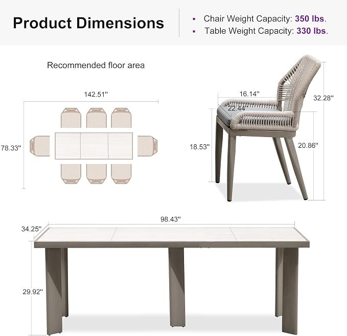 PURPLE LEAF 9 Pieces Patio Dining Set Aluminum Rectangular Table and Wicker - Image 9