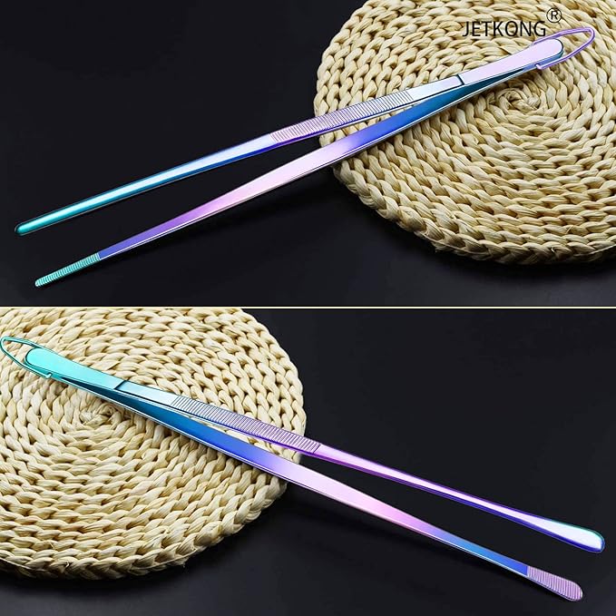 Tongs: 12-Inch Stainless Steel Food Tweezers in Rainbow Finish, Set of 2