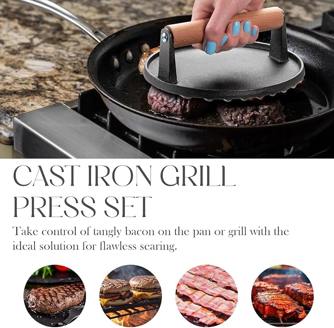 Bellemain Heavy-Duty Cast Iron Grill Press Set – Perfect Smash Burger Press & - Image 3