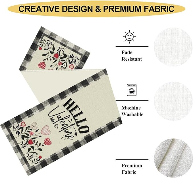Valentines Day Table Runner, Vintage Rustic Black White Red Heart Buffalo Plaid - Image 5