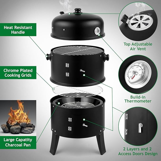 3-in-1 Vertical Charcoal Smoker Grill - Image 4