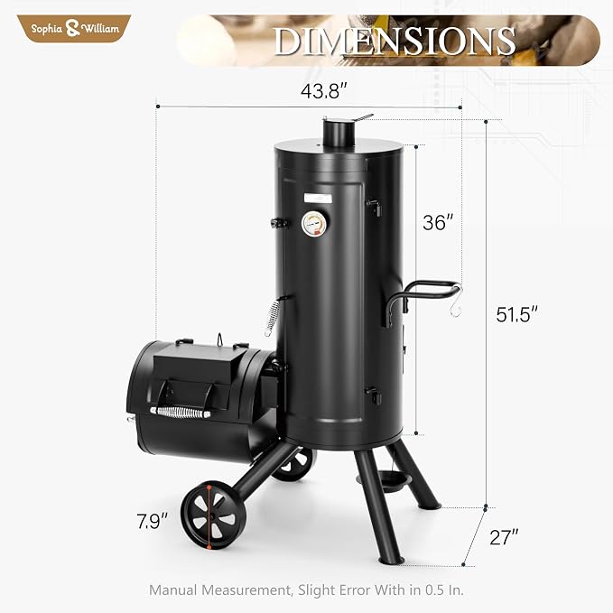 Sophia & William Heavy-Duty Vertical Offset Charcoal Smoker Extra Large Outdoor - Image 7