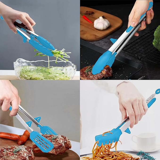 Tongs Set of 4, Blue Silicone and Stainless Steel, 11-Inch and 13.2-Inch