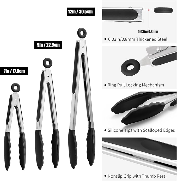 Tongs with Silicone Tips, Locking Stainless Steel, Black