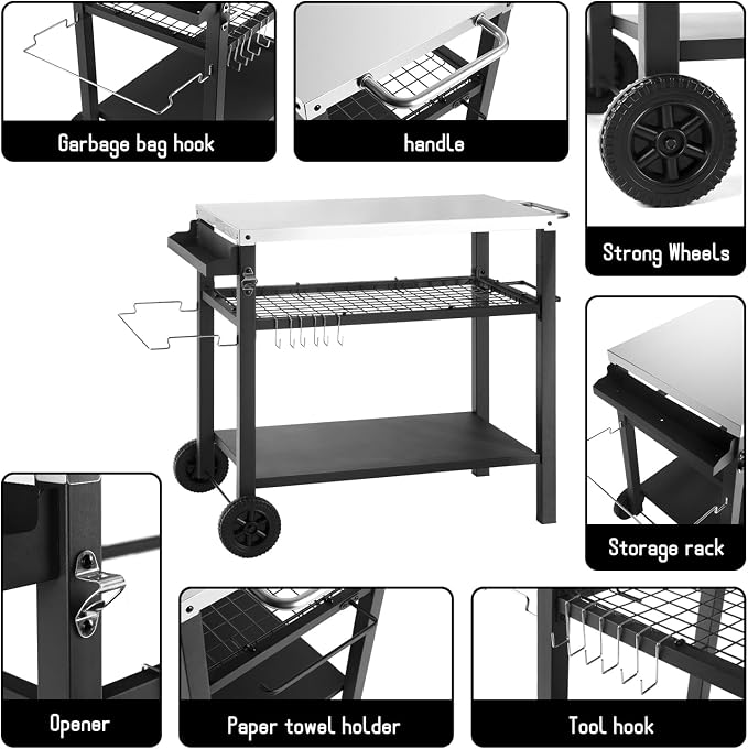 Grill Cart Table with Three Shelf, Movable Outdoor Dining Cart Pizza Oven Stand - Image 6