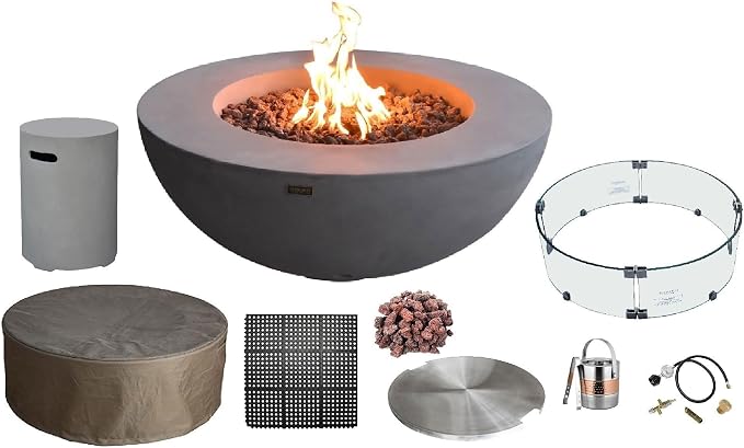 Elementi | Bundle Lunar Gas Fire Pit Cast Concrete 42" Round Fire Table by AMSFireplaceInc