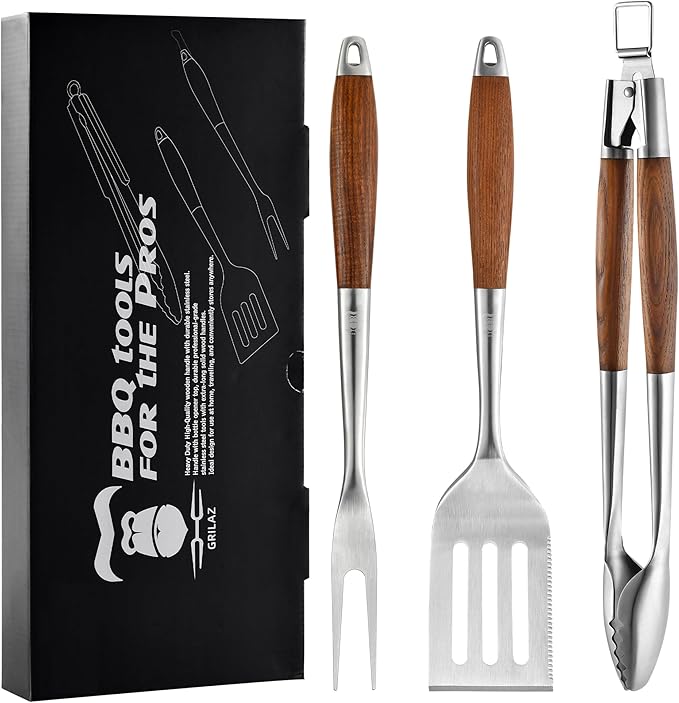 Heavy-Duty Heat-Treated Ash Wood BBQ Grilling Tools Set | Extra-Thick Stainless by Grilaz