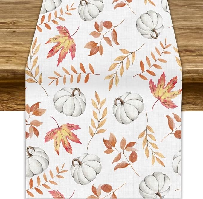 Autumn Pumpkin Table Runner, Watercolor Fall Maple Leaves Pumpkins Harvest by JanJCurt
