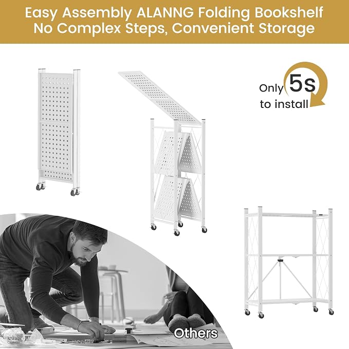 ALANNG Storage Shelves with Wheels, Bookshelf with Storage, No Assembly Metal - Image 5