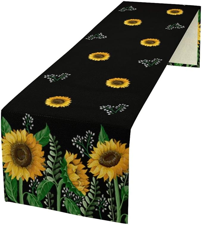 Sunflower Table Runner, Spring Summer Watercolor Floral Plants Leaves Print by Unknown