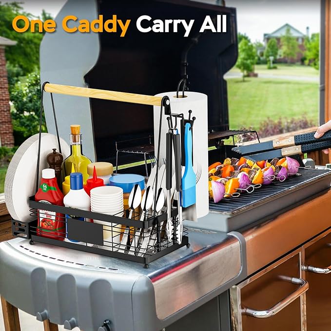 Grill Caddy with Plate Holder and Paper Towel Holder, Picnic BBQ Condiment - Image 2